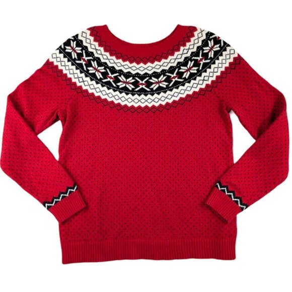 Talbots Pullover Sweater Womens Medium Fair Isle Red Snowflake Wool Blend Ski - Picture 1 of 9